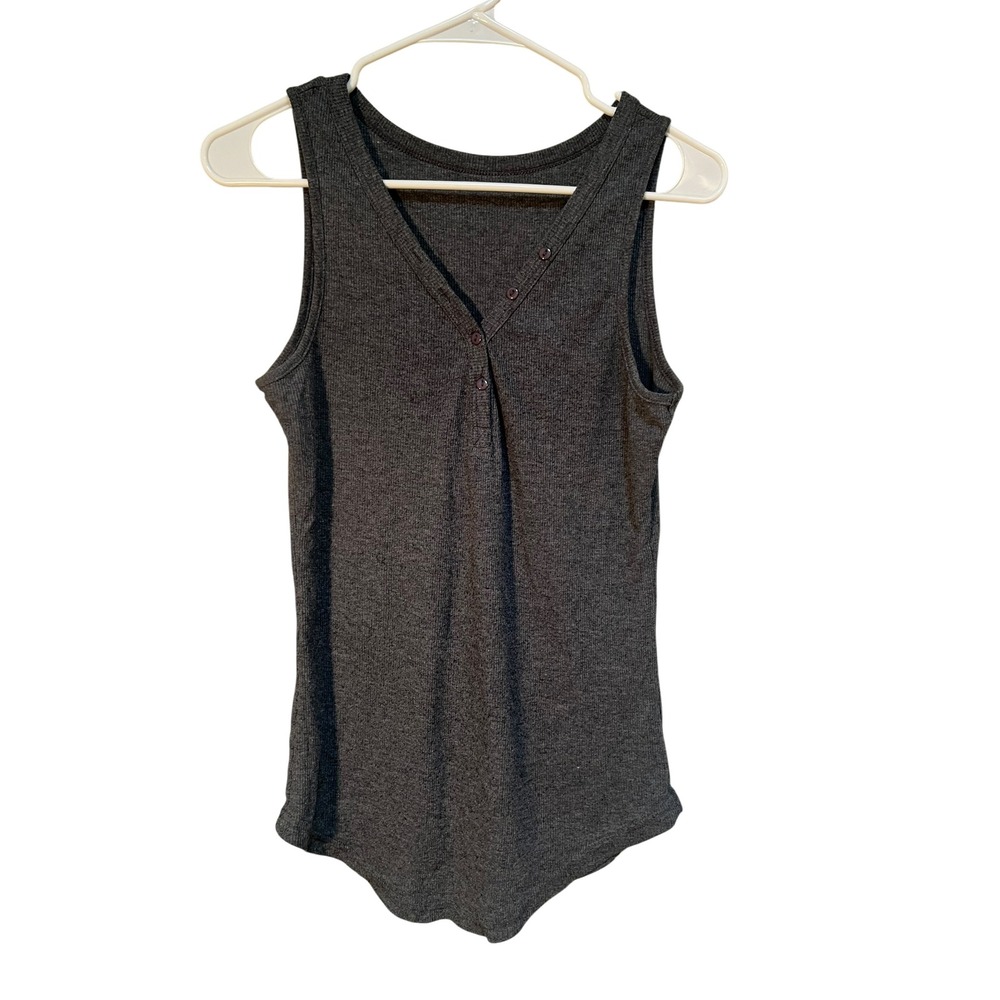 Womens Sleeveless Henley Tank Top Dark Charcoal Gray Ribbed V-Neck Button C5J020